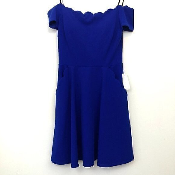 NEW NWT B. DARLIN Off the Shoulder Scalloped Dress Blue Fit Flare Mini JRS 9 10 - Picture 2 of 12